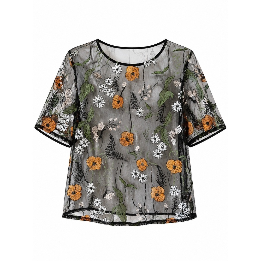 Shein Curve Floral Embroidered Sheer Mesh Blouse Black Orange 0XL Short Sleeve